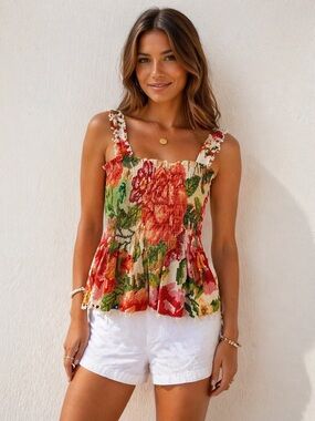 FARM Rio Floral Smocked Peplum Top Pom Trim Size L